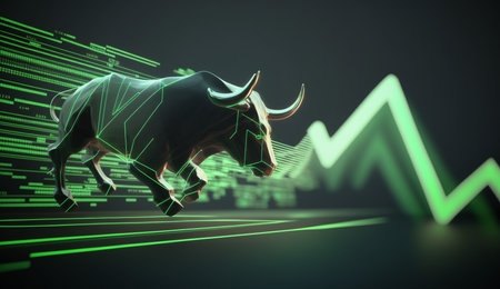 Bull run stock market trading investment Up trend of graph green background rising price FInancial concept, Generative AI.の素材