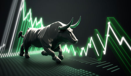 Bull run stock market trading investment Up trend of graph green background rising price FInancial concept, Generative AI.の素材