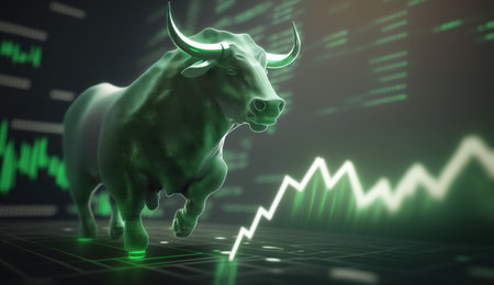 Bull run stock market trading investment Up trend of graph green background rising price FInancial concept, Generative AI.の素材