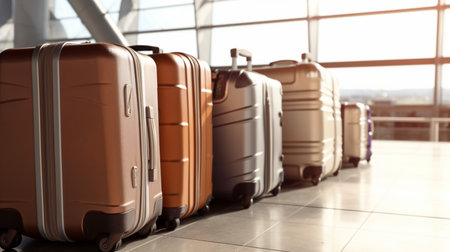 Travel departure journey concept, airport with luggage suitcases at Airport Window terminal waiting area, generative AIの素材