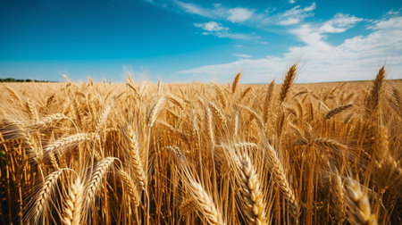 landscape with golden wheat field and sunny day under blue sky rural countryside, generative AI.の素材