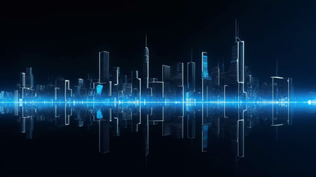 dark blue skyline with reflective futuristic background, generative AI.の素材