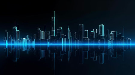 dark blue skyline with reflective futuristic background, generative AI.の素材