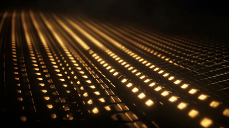Dark gold stretch of LED lights futuristic technology background.の素材