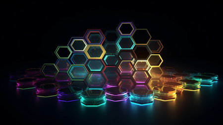 Many 2D drawn concentric hexagonal shapes of various pattern for backgroundの素材
