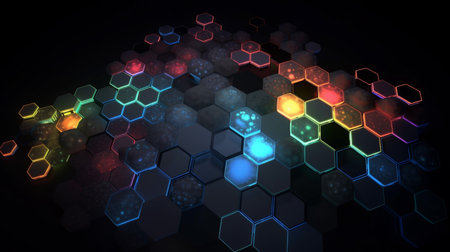 Many 2D drawn concentric hexagonal shapes of various pattern for backgroundの素材