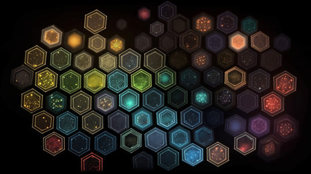 Many 2D drawn concentric hexagonal shapes of various pattern for backgroundの素材