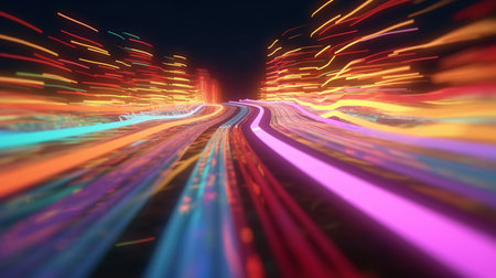 multiple multicolored light trails going in random pattern for technology backgroundの素材