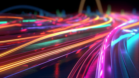 multiple multicolored light trails going in random pattern for technology backgroundの素材