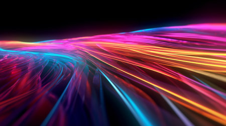 multiple multicolored light trails going in random pattern for technology backgroundの素材