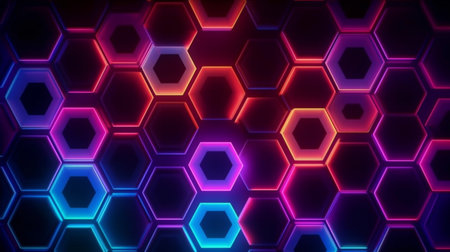 Dark background hexagon shape pattern neon glow in blackの素材