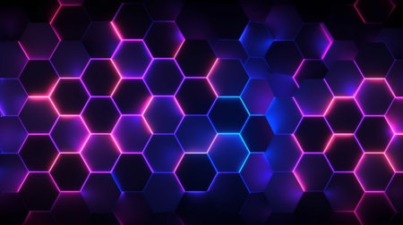 Dark background hexagon shape pattern neon glow in blackの素材