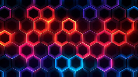Dark background hexagon shape pattern neon glow in blackの素材