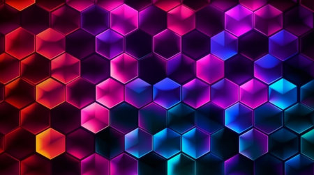 Dark background hexagon shape pattern neon glow in blackの素材