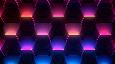 Dark background hexagon shape pattern neon glow in blackの素材