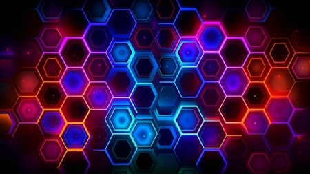 Dark background hexagon shape pattern neon glow in blackの素材