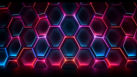 Dark background hexagon shape pattern neon glow in blackの素材
