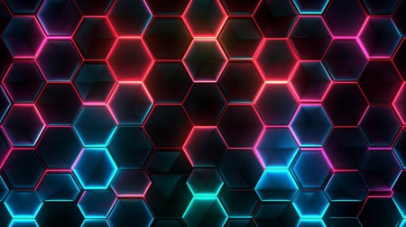 Dark background hexagon shape pattern neon glow in blackの素材