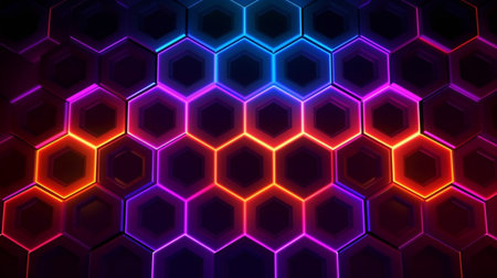 Dark background hexagon shape pattern neon glow in blackの素材