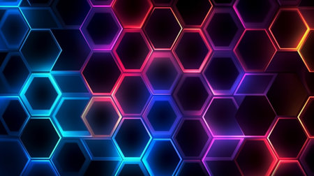 Dark background hexagon shape pattern neon glow in blackの素材