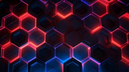 Dark background hexagon shape pattern neon glow in blackの素材