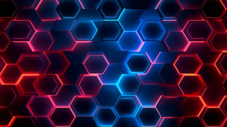 Dark background hexagon shape pattern neon glow in blackの素材