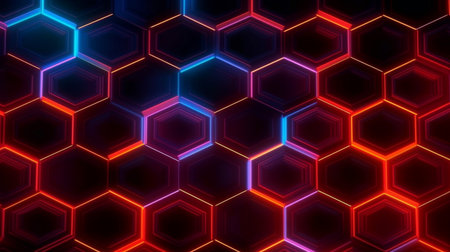 Dark background hexagon shape pattern neon glow in blackの素材