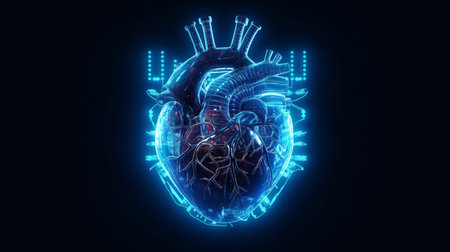 Human anatomy of heart on neon glowing digital cyber technology backgroundの素材