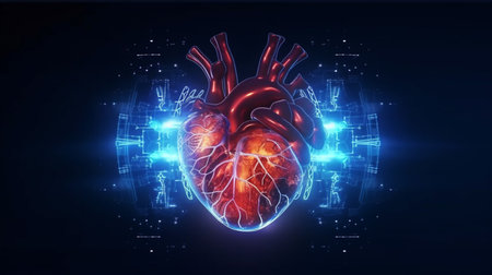 Human anatomy of heart on neon glowing digital cyber technology backgroundの素材