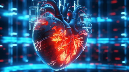 Human anatomy of heart on neon glowing digital cyber technology backgroundの素材