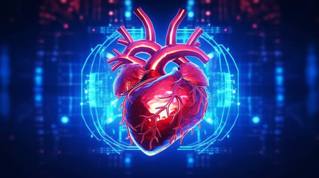 Human anatomy of heart on neon glowing digital cyber technology backgroundの素材