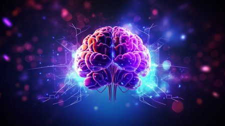 Human brain on neon glowing digital cyber technology backgroundの素材