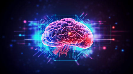 Human brain on neon glowing digital cyber technology backgroundの素材