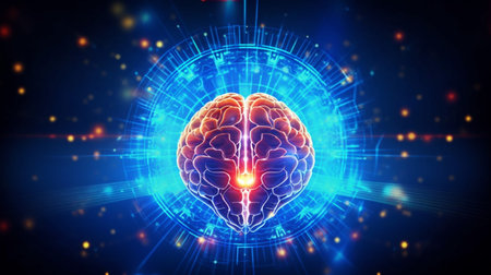 Human brain on neon glowing digital cyber technology backgroundの素材