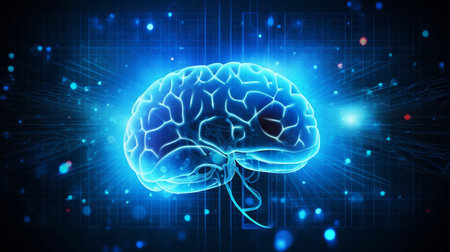 Human brain on neon glowing digital cyber technology backgroundの素材