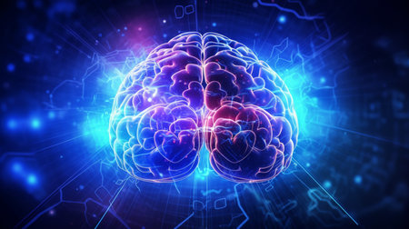 Human brain on neon glowing digital cyber technology backgroundの素材