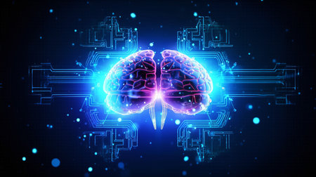 Human brain on neon glowing digital cyber technology backgroundの素材
