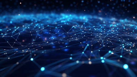 Data technology futuristic ilustration with a line of bright particles The network of dots connected by lines creates an abstract digital background in hyperealisticの素材