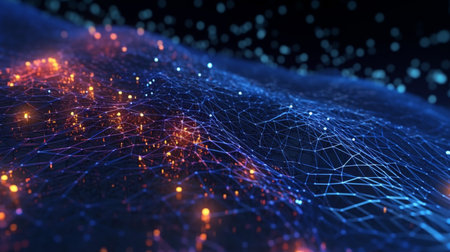 Data technology futuristic ilustration with a line of bright particles The network of dots connected by lines creates an abstract digital background in hyperealisticの素材