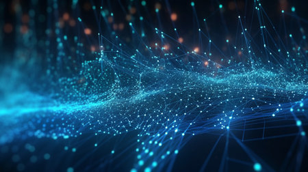 Data technology futuristic ilustration with a line of bright particles The network of dots connected by lines creates an abstract digital background in hyperealisticの素材