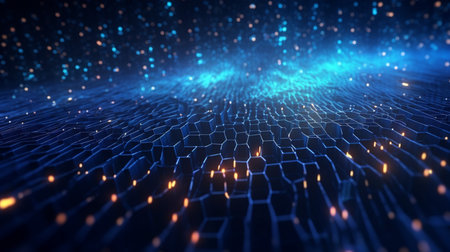 Data technology futuristic ilustration with a line of bright particles The network of dots connected by lines creates an abstract digital background in hyperealisticの素材
