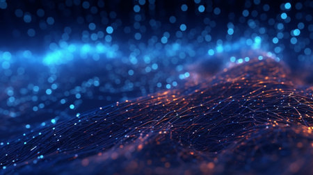 Data technology futuristic ilustration with a line of bright particles The network of dots connected by lines creates an abstract digital background in hyperealisticの素材