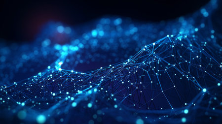 Data technology futuristic ilustration with a line of bright particles The network of dots connected by lines creates an abstract digital background in hyperealisticの素材