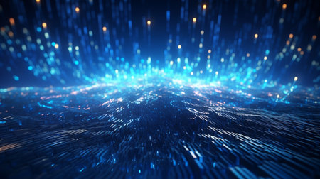 Data technology futuristic ilustration with a line of bright particles The network of dots connected by lines creates an abstract digital background in hyperealisticの素材