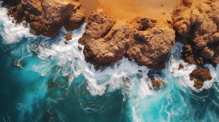 a cliff with waves, in the style of birds-eye-view, turquoise and gold, serene maritime themesの素材