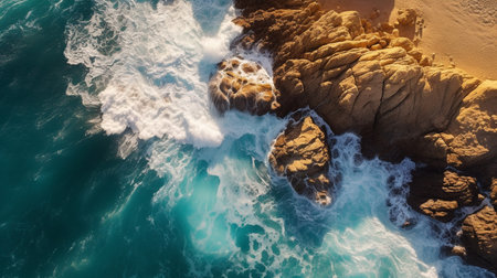a cliff with waves, in the style of birds-eye-view, turquoise and gold, serene maritime themesの素材