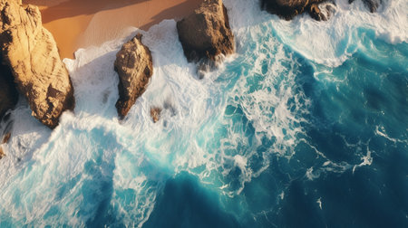 a cliff with waves, in the style of birds-eye-view, turquoise and gold, serene maritime themesの素材