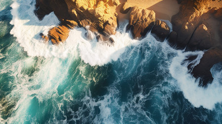 a cliff with waves, in the style of birds-eye-view, turquoise and gold, serene maritime themesの素材