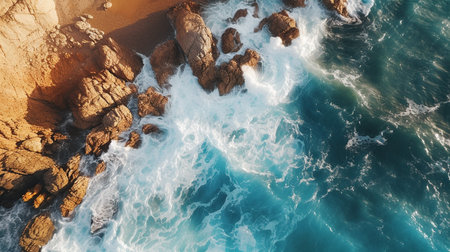 a cliff with waves, in the style of birds-eye-view, turquoise and gold, serene maritime themesの素材