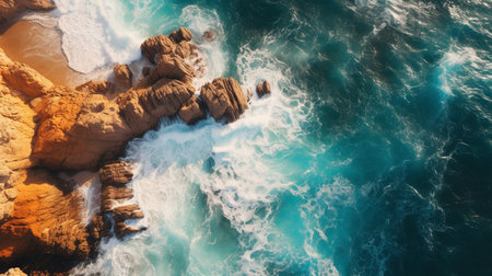 a cliff with waves, in the style of birds-eye-view, turquoise and gold, serene maritime themesの素材